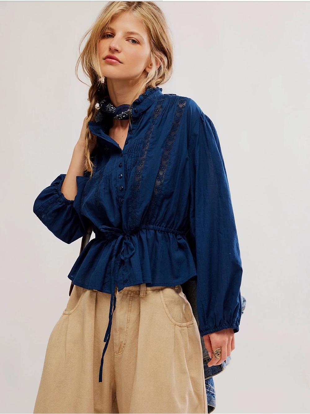 Free People Deep Navy Lace-Trim Drawstring Peasant Blouse